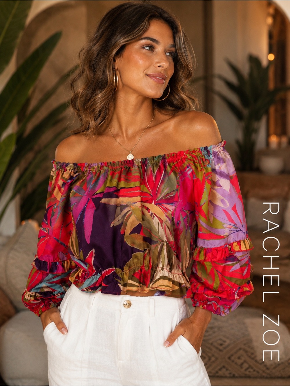 Rachel Zoe Off-Shoulder Tropical Print Top in Red, Purple, Green small
